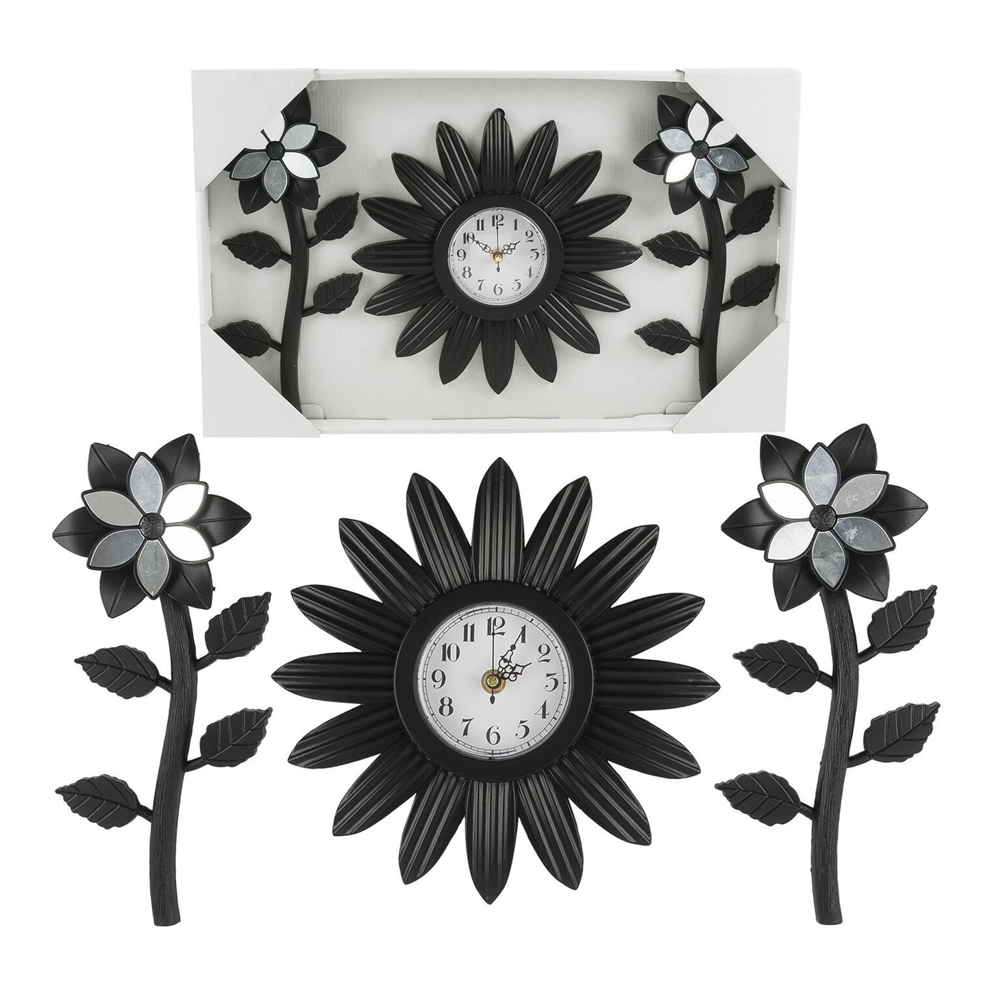 FLOWER WALL CLOCK SET - 10 INCHES 3 PIECES IN BLACK