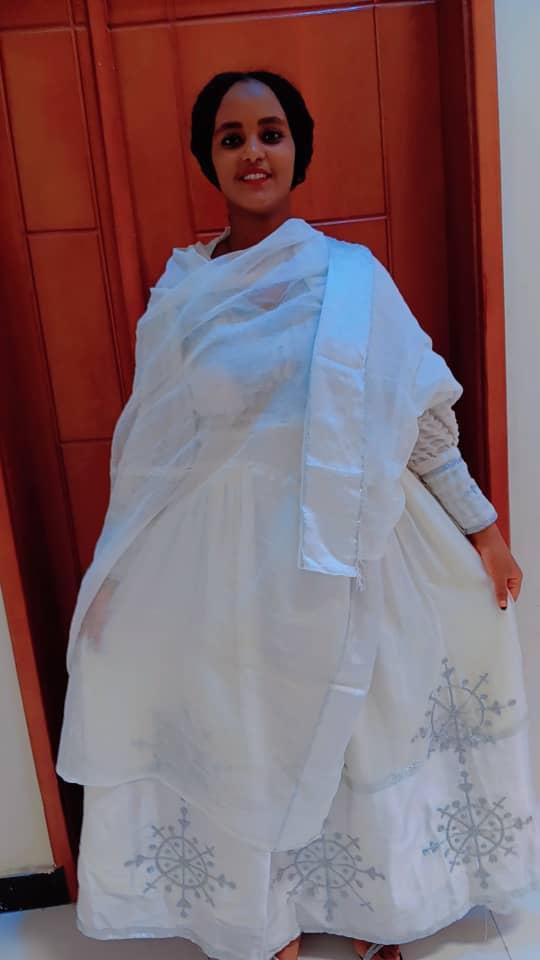 Traditional Ethiopian White Dress with Silver Embroidery