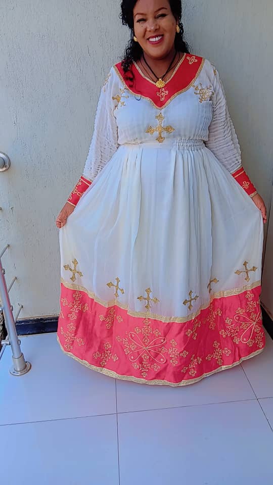 Traditional Ethiopian White & Pink Dress with Gold Cross Accents