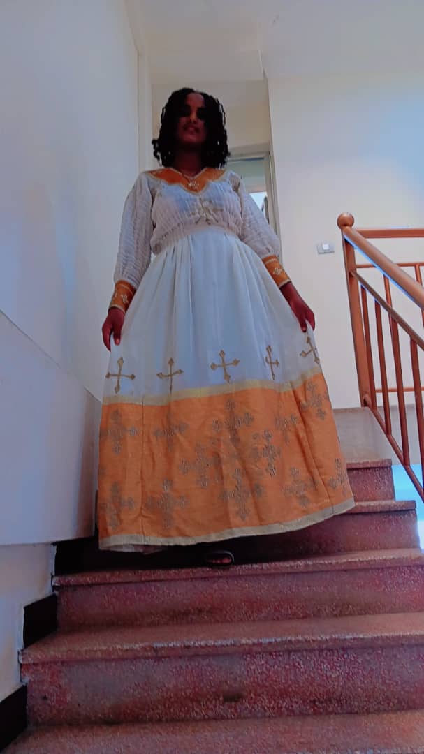 Ethiopian White and Orange Traditional Dress with Golden Embroidery