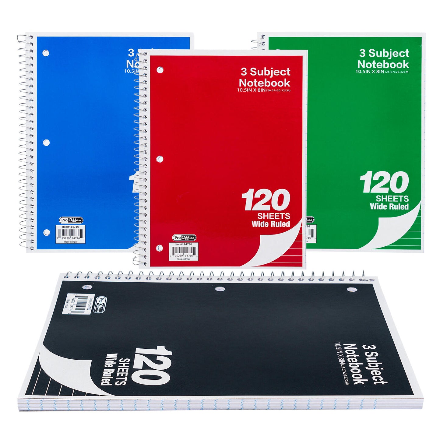 Pro Office 3 Subject Wide Ruled Notebook, 120 Sheets, Assorted Colors