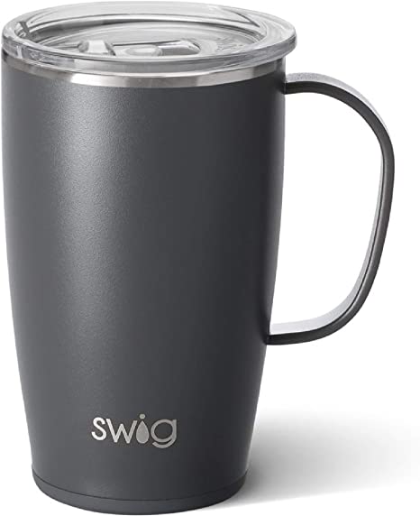 Swig Life 18oz Insulated Coffee Mug with Handle & Lid, Cup Holder Friendly, Dishwasher Safe, Stainless Steel Travel Mugs Insulated for Hot and Cold Drinks (Grey)