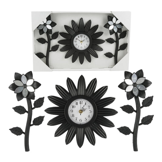FLOWER WALL CLOCK SET - 10 INCHES 3 PIECES IN BLACK
