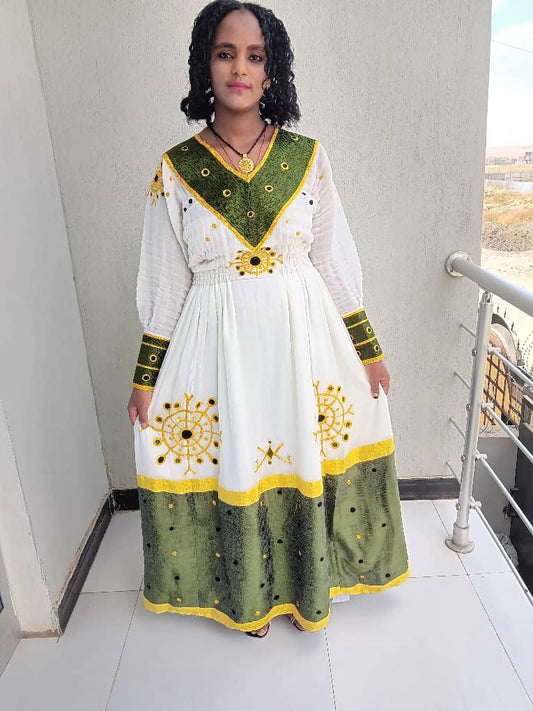 Ethiopian Traditional White and Green Dress