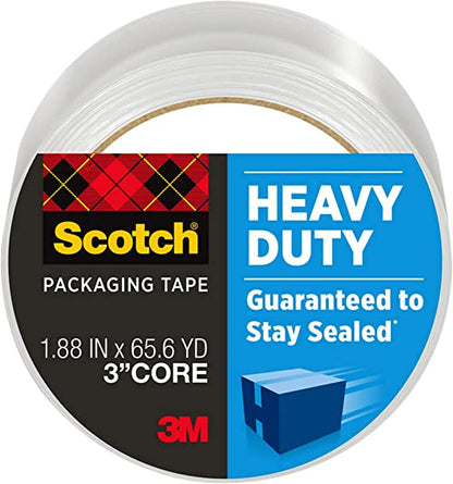 Scotch Heavy Duty Packaging Tape, 1.88 x 65.6 yd, Designed for Packing, Shipping and Mailing, Strong Seal on All Box Types, 3 Core, Clear, 1 Roll (3850-60)