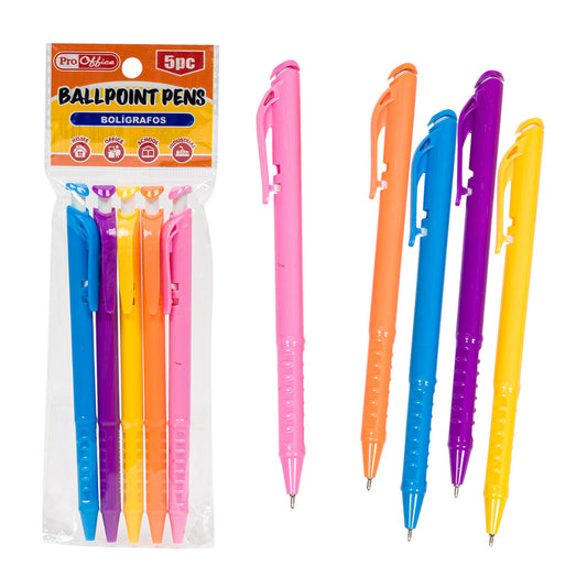 Pro Office Colored Ballpoint Pens - 5 Pieces - Retractable - 5 Assorted Colors