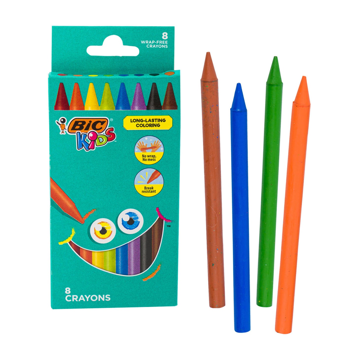 BIC Kids Wrap Free Crayons - 8 Pack - Long Lasting Coloring - No Wrap No Mess - Break Resistant - Assorted
