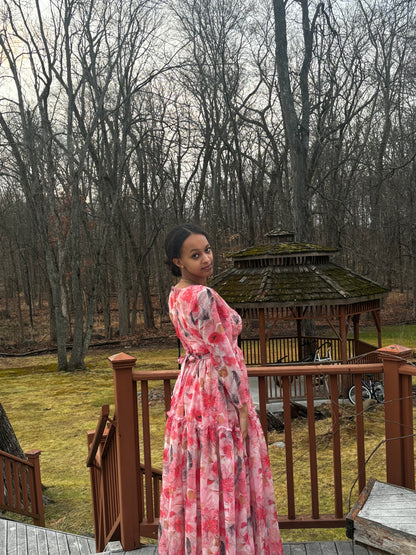 Flowy Pink Floral Maxi Dress with Ruffle Details