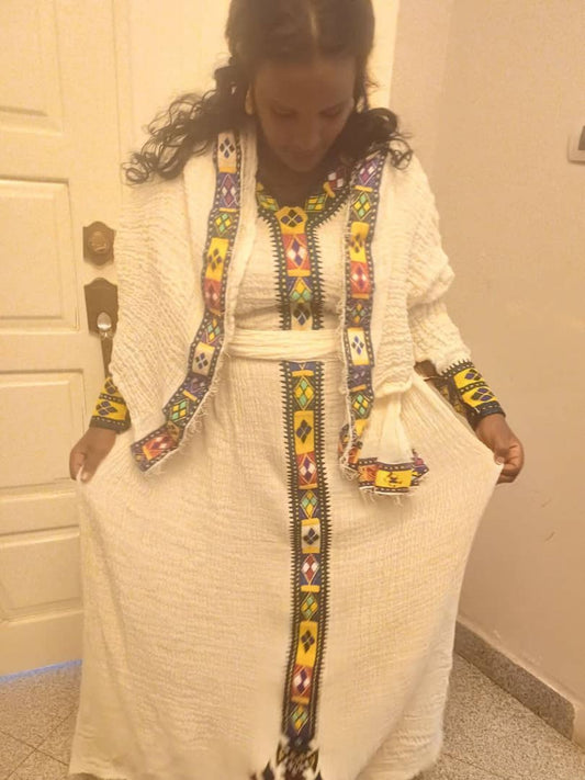 Ethiopian White Cotton Traditional Dress with Colorful Geometric Embroidery