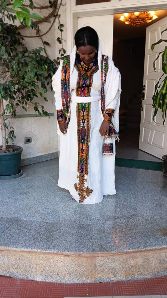 Ethiopian White Traditional Dress with Vibrant Handwoven Patterns