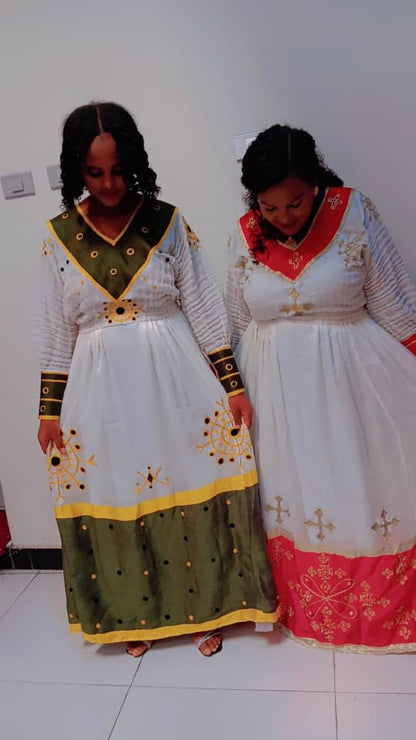 Traditional Ethiopian White & Pink Dress with Gold Cross Accents