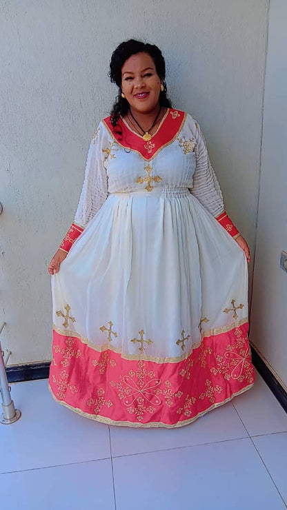 Traditional Ethiopian White & Pink Dress with Gold Cross Accents