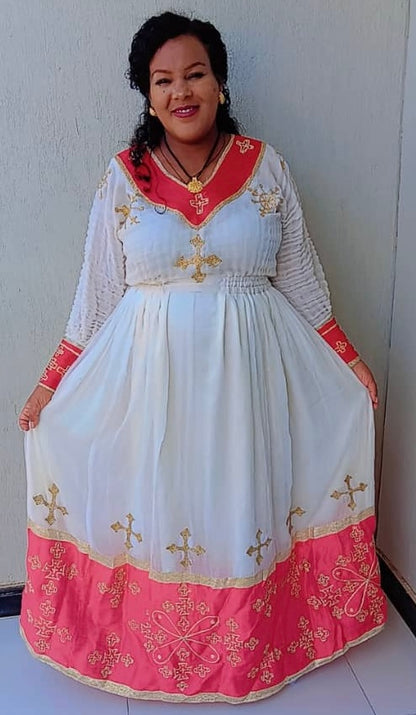 Traditional Ethiopian White & Pink Dress with Gold Cross Accents