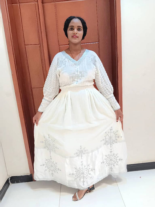 Traditional Ethiopian White Dress with Silver Embroidery