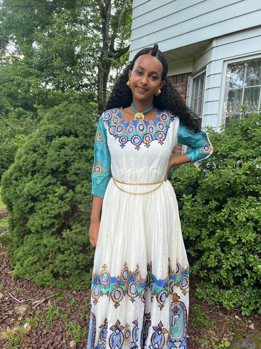 Traditional Ethiopian Blue-Embroidered Dress