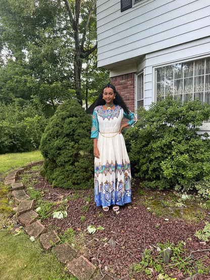 Traditional Ethiopian Blue-Embroidered Dress